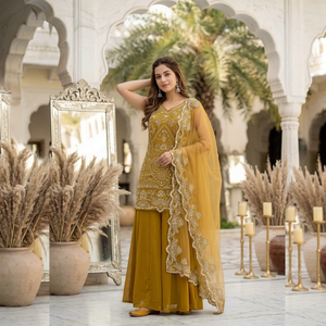 Ensemble Salwar Kameez ethnique pour femme, broderie lourde, avec Dupatta et Palazzo, tenue de mariage et de fête, haut court tissé coupe ample - Product Image 3