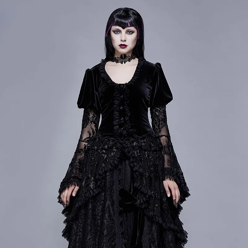 ECT008 Eva lady noble flared sleeves round neck black gothic autumn pleated velvet dress coat