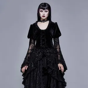 ECT008 Eva女士高贵喇叭袖圆领黑色哥特式秋季褶绒连衣裙外套