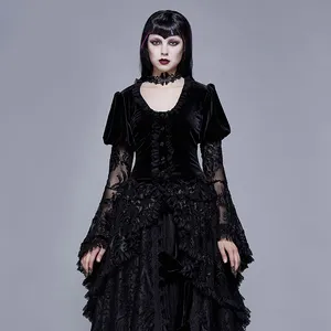 ECT008 Eva Lady Noble Uitlopende Mouwen Ronde Hals Black Gothic Herfst Geplooide Fluwelen Jurk Jas