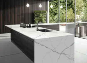 Hoja de piedra artificial Calacatta Montana de estilo moderno, suelo blanco, gris, rama fina, rayas, losas de cuarzo, encimeras naturales - Product Image 5
