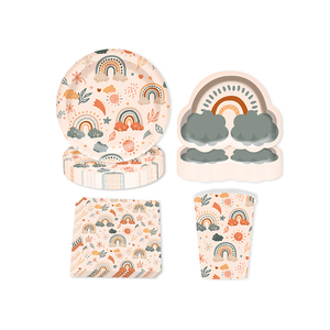 Vajilla Desechable con Diseño Bohemio de Arcoíris, Juego de 4 Artículos Personalizados: Plato de Papel, Servilleta y Vaso de Papel, Decoración para Fiestas, Artículos para Fiestas - Product Image 1
