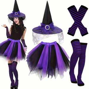 Nouvel ensemble de costume de <span class=keywords><strong>sorcière</strong></span> pour <span class=keywords><strong>femme</strong></span> adulte pour fête d'<span class=keywords><strong>Halloween</strong></span>, avec chapeau, bas rayés et jupe moelleuse - Product Image 1