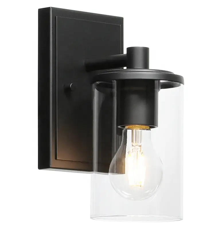 Accesorios de iluminación modernos para baño, luces de tocador montadas en la pared de vidrio transparente, negro mate