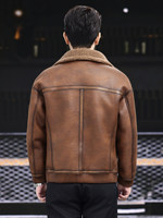 Veste en cuir véritable pour homme, marron, style bomber, fermeture éclair sur le devant, poignets côtelés, col en laine beige