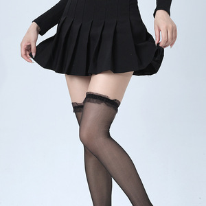Over The Knee Stockings 15D Thin Transparent Black Women Thigh High Solid Color Polyester Fiber Lace Trim - Product Image 4