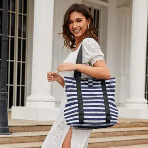 Stylish Shopping Vacation Travel Tote Beach Bag Water Resistant Folding Handbag Striped Shoulder Bag