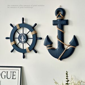 Ensemble de décoration murale en bois rustique avec roue de bateau et ancre, design nature morte, 2 pièces, thème nautique méditerranéen pour mariages et anniversaires - Product Image 1