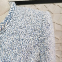 Veste en tweed de laine mélangée de luxe pour femme, élégante, bleu glacier, col rond, coupe courte, avec bordure tressée, pour le printemps et l'automne