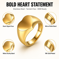 Goldener Herz-Siegelring für Damen, 18K vergoldeter Edelstahl, auffälliger Statement-Ring, Großhandel, OEM, kundenspezifischer Schmuck, Großbestellungen