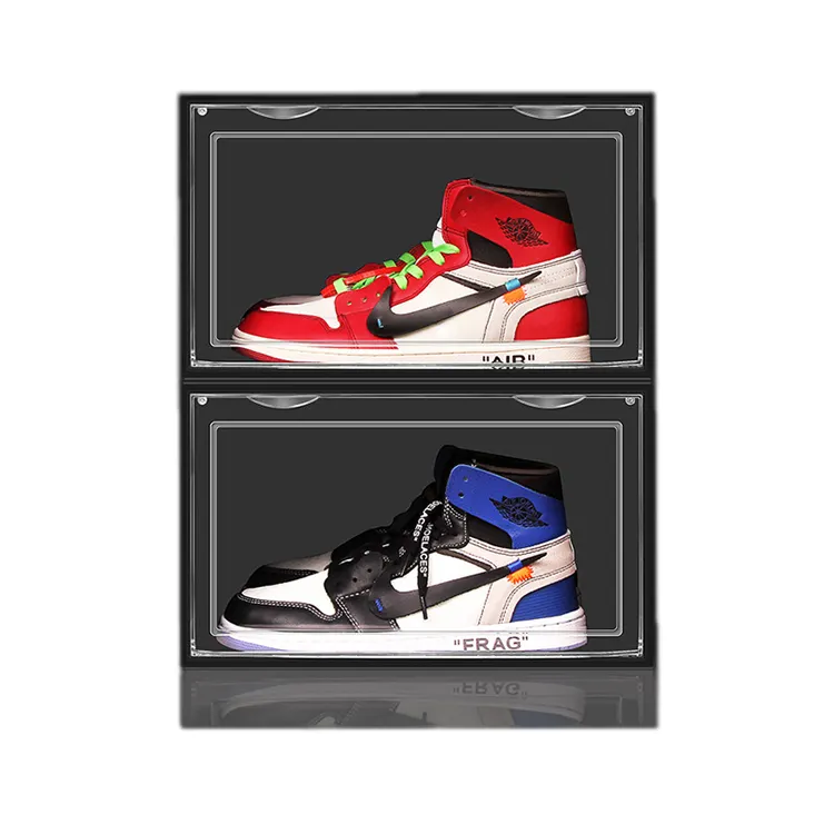Top popolare Display Sneaker Side Drop Open Stacking Magnetic Storage Sneaker scarpiera scatole cubo in acrilico trasparente