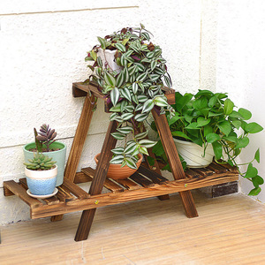 Support à fleurs en bois à deux niveaux, étagère autoportante pour salon, balcon, présentoir de plantes, bois naturel brun - Product Image 2