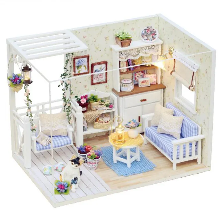 DIY Dollhouse Apartment Model Kit Plus Dust Cover LED Light Creative Room Toys for Children Gift for Valentines Day Gift Idea