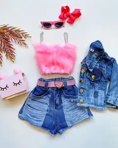 New girls solid color sling top Denim broken holes shorts summer girls wear two pieces kids outfits