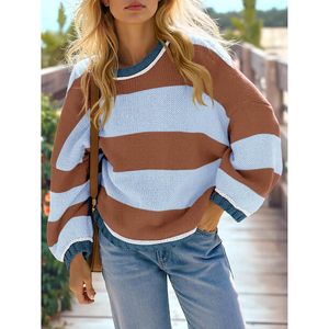 Pull tricoté rayé surdimensionné personnalisé pour femme, col rond, manches longues, coupe ample, collection automne - Product Image 2