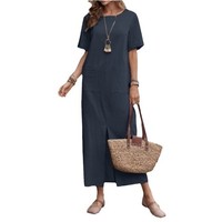 Robe d'été vintage en coton et lin, couleur unie, col ample, manches courtes, taille haute, coupe irrégulière pour femme - Grande promotion