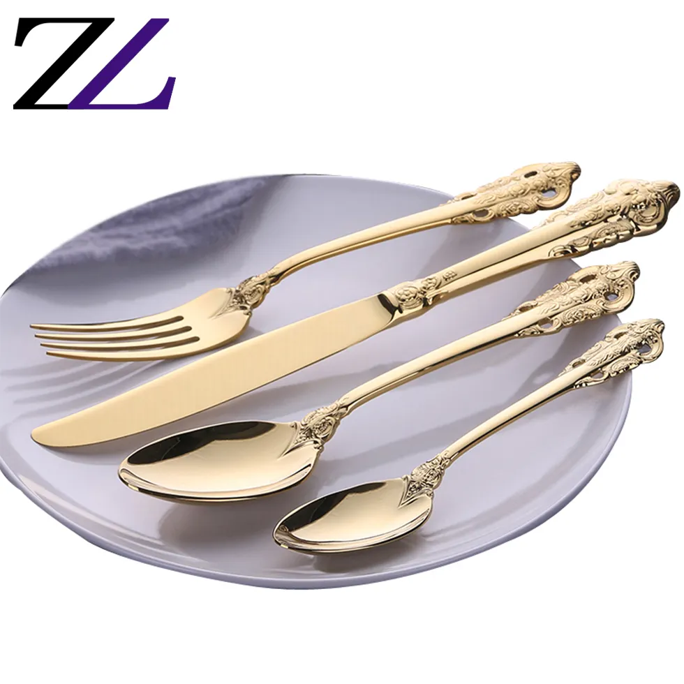 Wedding Stainless Steel Luxury Titanium Gold Coloured Forchetta gabel Sendok Alat Makan Royal Cutlery Set High End Cutleries