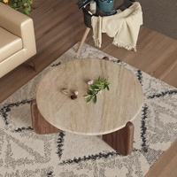 Table basse ronde rétro de luxe, plateau en marbre travertin naturel, table d'appoint légère en bois massif pour petite maison et balcon