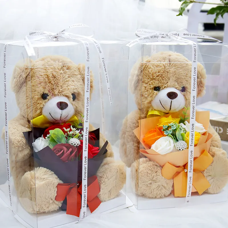 Ramo de flores artificiales, rosa con oso de peluche en caja de regalo de mascota con caja de embalaje de cinta, precio barato