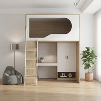Lit mezzanine capsule spatiale bicolore avec rangement sous le bureau, escalier, armoire, coin creux en arc, lit multifonction pour petit appartement