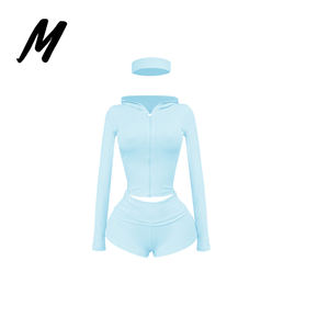 Setelan Wanita Musim Semi Terbaru, Jaket Hoodie Zip Up Katun Slim Fit dengan Logo Custom dan Celana Pendek Lipat, Setelan Santai 2 Potong Wanita - Product Image 4