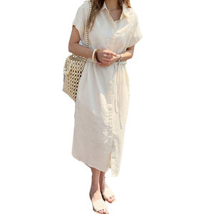 تخفيضات هائلة فستان كتاني سادة كوري للسيدات قطعة واحدة بفتحة رقبة بولو قصير الأكمام قطن طويل تيشيرت ميدي فساتين نسائية - Product Image 5