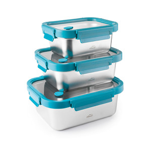 Set di contenitori per alimenti in acciaio inossidabile Lacor, set da 3 con coperchi blu per la preparazione dei pasti e la conservazione in frigorifero - Product Image 1