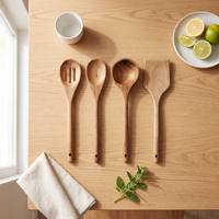 Ensemble de 4 ustensiles de cuisine en bois : spatule, lève-plat, cuillère ajourée, cuillère à pâtes, manche long, résistant à la chaleur, sûr et antiadhésif