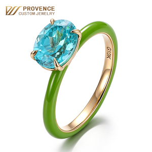 Anillo de oro macizo de 18/14 quilates con gema de laboratorio de paraíbuna de corte ovalado de 2 quilates, original, personalizado, de moda, el más vendido, con esmalte verde, para estudiantes. - Product Image 1