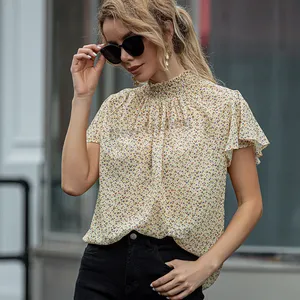 Short Flare Sleeves Women Floral Print Blouse Smocking Stand Collar Tops Blouses Ladies Chiffon