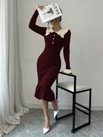 Robe midi en maille pour femme, hiver, col contrastant à volants, boutonnée sur le devant, manches longues, coupe ajustée, ourlet sirène côtelé, fabrication OEM ODM sur mesure