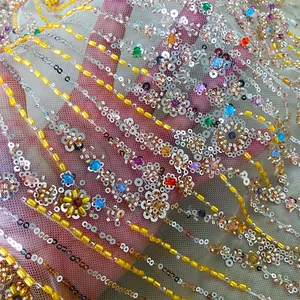非洲时尚风格彩色钻石面料带管珠亮片刺绣蕾丝面料WS-30036