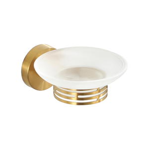 Porte-savon mural en céramique avec cadre en laiton, design rond contemporain, accessoire de salle de bain, conception auto-drainante - Product Image 1