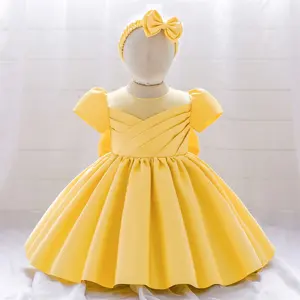 Meiqiai European Style Short Sleeve Girl yellow Kids Lovely Princess satin Dresses For baby with headband L2061XZ
