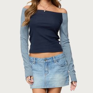 เสื้อครอปแขนยาวลายทางแบบสั่งทำสำหรับผู้หญิง เสื้อยืดผู้หญิงทรงเข้ารูปเซ็กซี่ สวมใส่สบายๆ สำหรับฤดูใบไม้ผลิและฤดูใบไม้ร่วง - Product Image 1