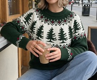 Pull en tricot Fair Isle pour femme, col rond, manches longues, style rétro, pour les fêtes de Noël, pull chaud décontracté pour l'hiver