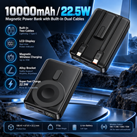 Batterie externe magnétique 10000mAh 22.5W avec charge sans fil 15W, câbles Type C intégrés, écran LCD et support de téléphone