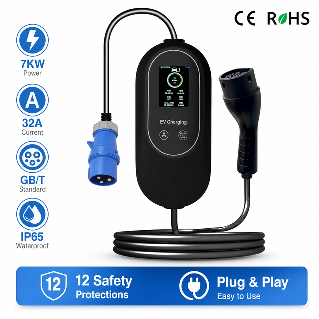 220V 7kW EV Charger GB/T 32A CCC CE RoHS Charging for Tesla Nio Xpeng Li Auto BYD Geely Changan JAC Chery Portable Charger