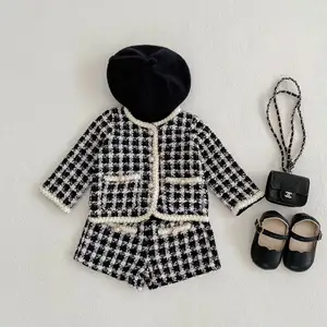 Высококачественная детская одежда для девочек, твидовый клетчатый пиджак с длинными рукавами и короткие штаны, комплект из двух предметов