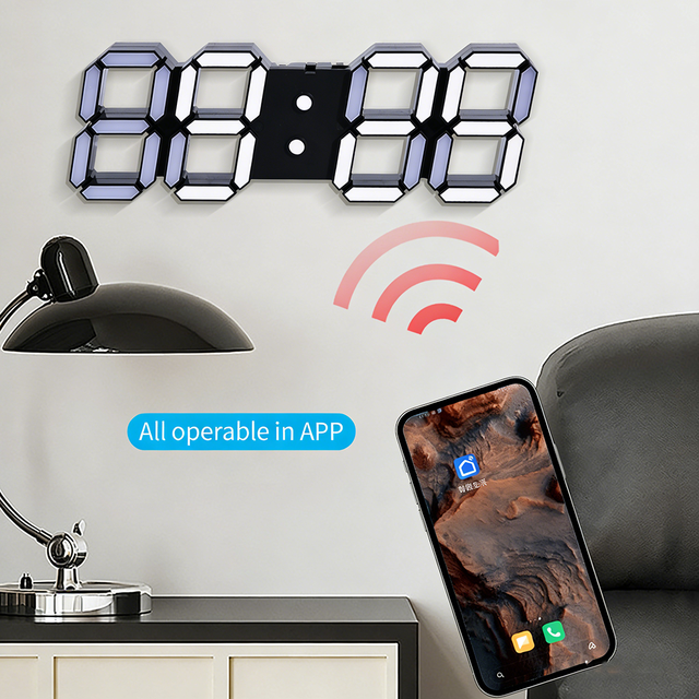 Smart Life App Digital 3D LED Wall Clock with Infrared Remote Control Electric Desk Lamp Temperature Display Modern Home Decor