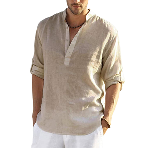 Bán Buôn Người Đàn Ông Của Lỏng Bông Linen Dài Tay Áo Giản Dị Áo Sơ Mi Rắn Màu Poplin Vải Đứng Cổ Áo Châu Âu Đồng Bằng Nhuộm Dệt Kim - Product Image 4