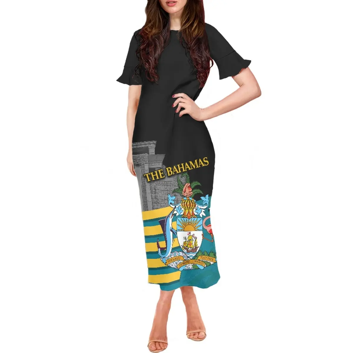 Printing Your Brand New Style Dress Bahamas Coat Of Arms Black Casual Party Dresses Ruffle Short Sleeve Ladies Loose Dress 2024