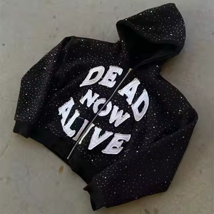 Sweat à capuche homme personnalisé Y2K Goth Streetwear, en coton épais 500 GSM, avec strass, fermeture éclair intégrale, effet vieilli et délavé à l'acide - Product Image 1