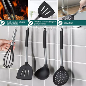 Ustensiles de cuisine gris foncé en acier inoxydable avec manche en silicone, ensemble d'ustensiles de cuisine avec seau de rangement - Product Image 3