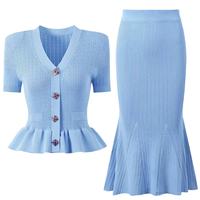 Ensemble deux pièces AIMEISI pour femme : cardigan tricoté à manches courtes ajouré et jupe longue unie en viscose, idéal pour l'été