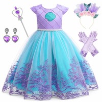 Ensemble de robe de princesse petite sirène pour filles, Costume de cosplay, robe de bal en tulle matelassé en satin avec bandeau sceptre, 2-12 ans