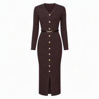Robe pull moulante côtelée à col en V pour femme, boutonnée sur le devant, à manches longues, fendue, vente en gros d'usine OEM