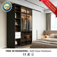 Dressing moderne sur mesure avec portes vitrées brillantes en bois pour chambre à coucher