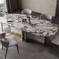 Ensemble de table à manger en marbre moderne minimaliste, luxe léger, écologique, durable, avec pieds en fer, table à manger ovale, table à manger haut de gamme pour villa