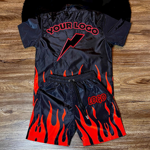 Custom Men's Summer Outfits Streetwear Nylon Windbreaker Jacket <strong>Shirt</strong> and Shorts <strong>Flame</strong> Embroidery Logo Tracksuit Two-Piece Set - Product Image 2